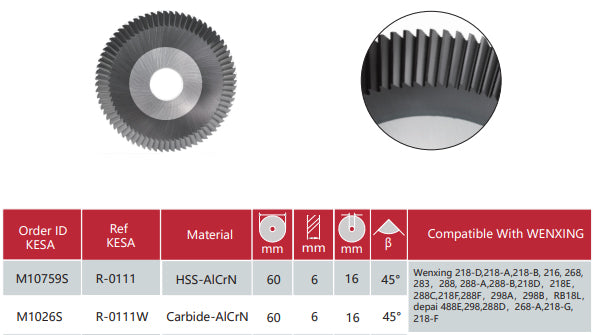 Wenxing cutter 0111 60x6x16 compatible with Wenxing 218 288 298 JET 8000 key cutting machine