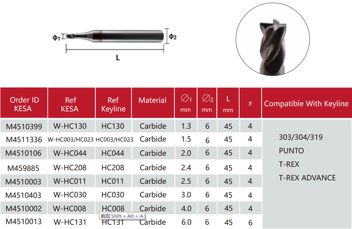 Carbide end milling cutter compatible with Keyline 303/304/319 Keyline PUNTO Keyline T-REX Keyline T-REX ADVANCE key machine