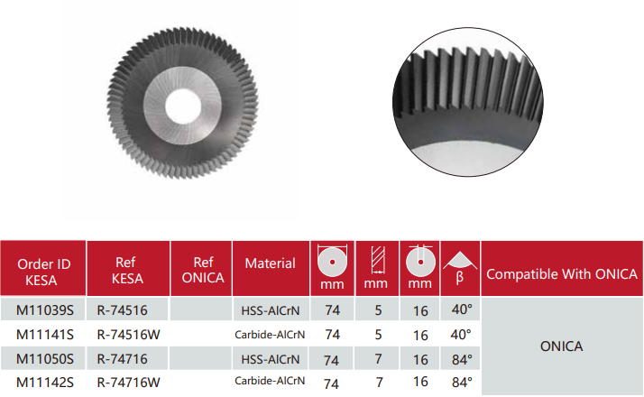 angle milling cutter 74x5x16 / 74x7x16 compatible with ONICA key cutting machine