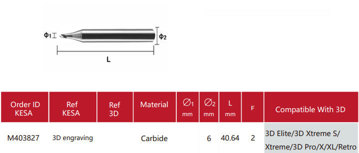 3D engraving cutter compatible with 3D Elite/3D Xtreme S and Xtreme/3D Pro/X/XL/Retro key machine